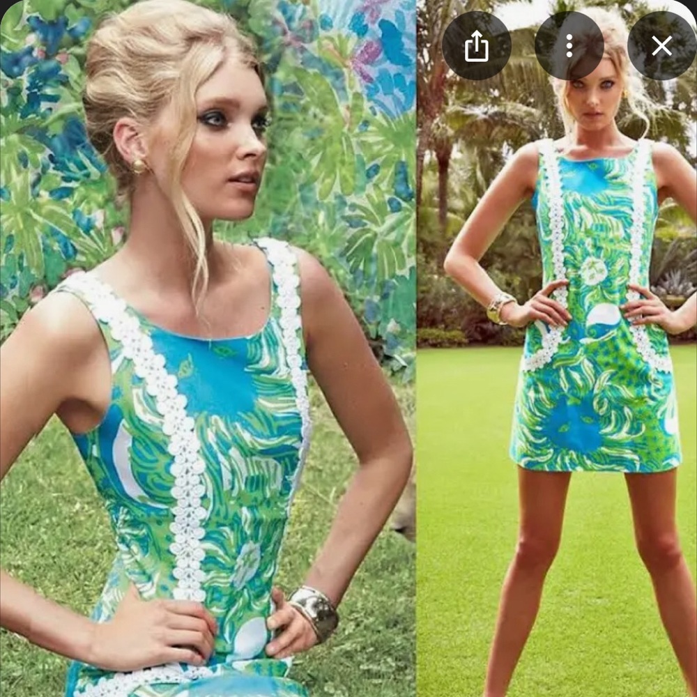 Lily Pulitzer Green and Blue Sleeveless Dress with White Trim.